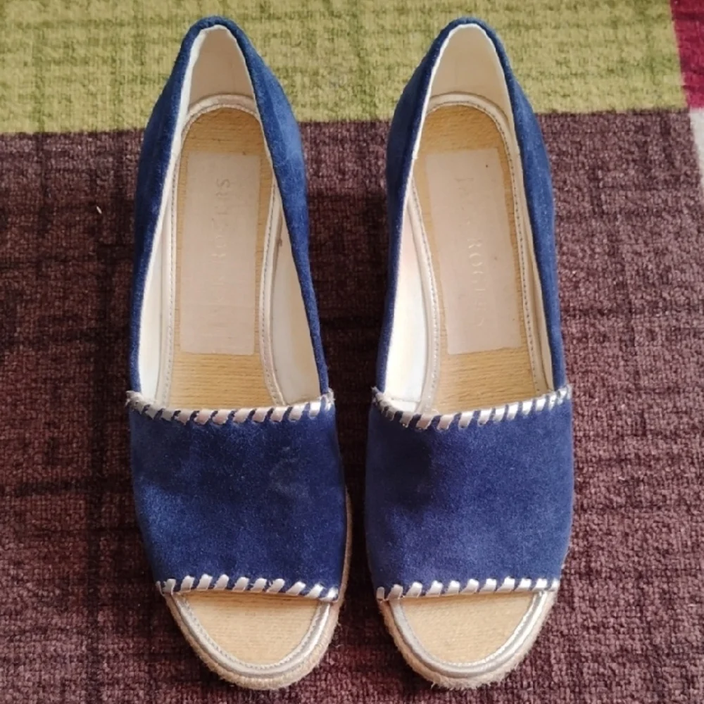 Jack Rodgers Elegant Blue Suede Wedge Sandals, Size 9M